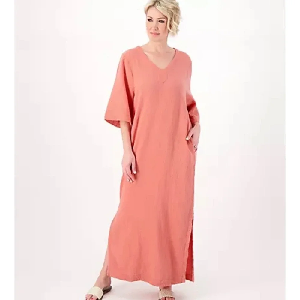 Barefoot Dreams Malibu Maxi Dress Women XS Coral Cotton Gauze V-Neck Beach Cover - Picture 1 of 8